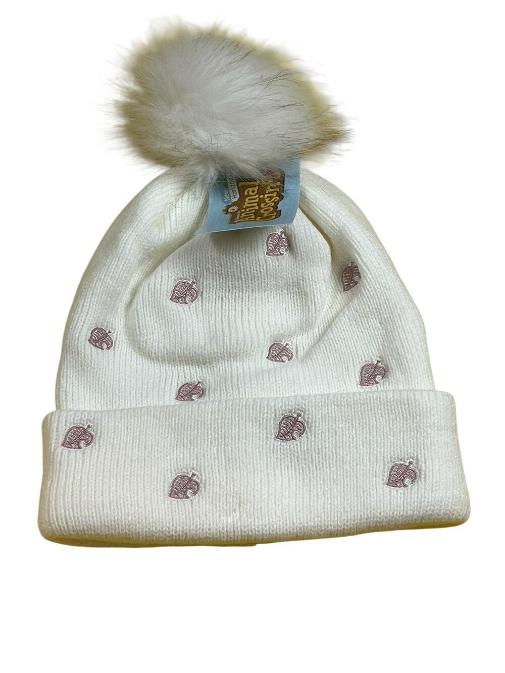 Animal Crossing New Horizons Women’s Pom Knit Beanie White Winter Hat Leaves NWT